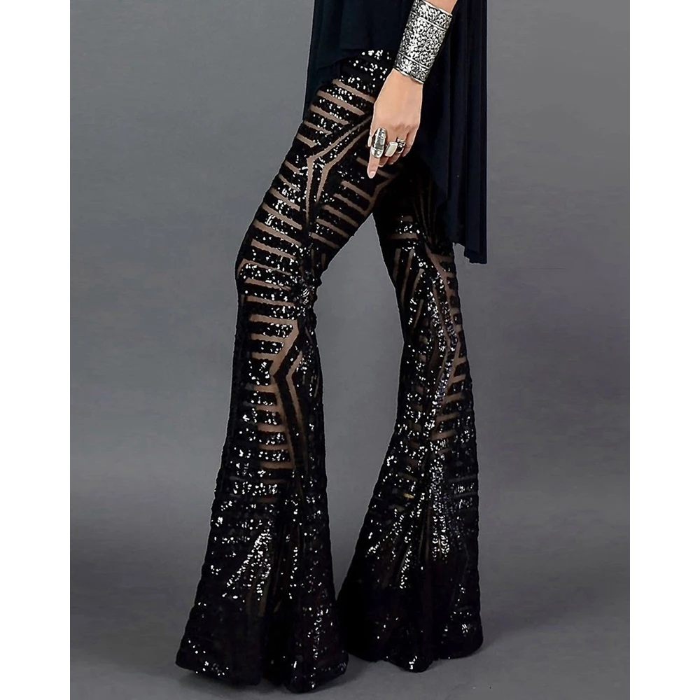 2024 Summer Women Vintage Striped Sequin Glitter Nightclub Skinny Flared Pants Female Long Pants Streetwear y2k Ball Trousers oymimi fashion apricot sequin two piece set for women elegant spaghetti strap tops and high waisted straight trousers female set