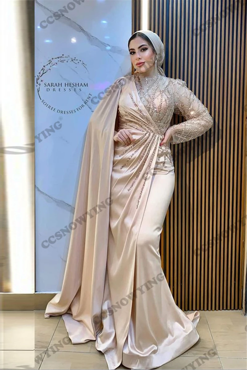 

Satin Appliques Beaded Muslim Evening Dresses Islamic Long Sleeve Hijab Prom Formal Party Gown Arabic Dubai Robes De Soirée