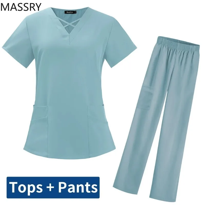 

Hospital Scrubs Tops Pants Scrubs Uniforms Nurse Workwear Nursing Uniforms Women Men V Neck Solid Color Pet Doctor Working Suits