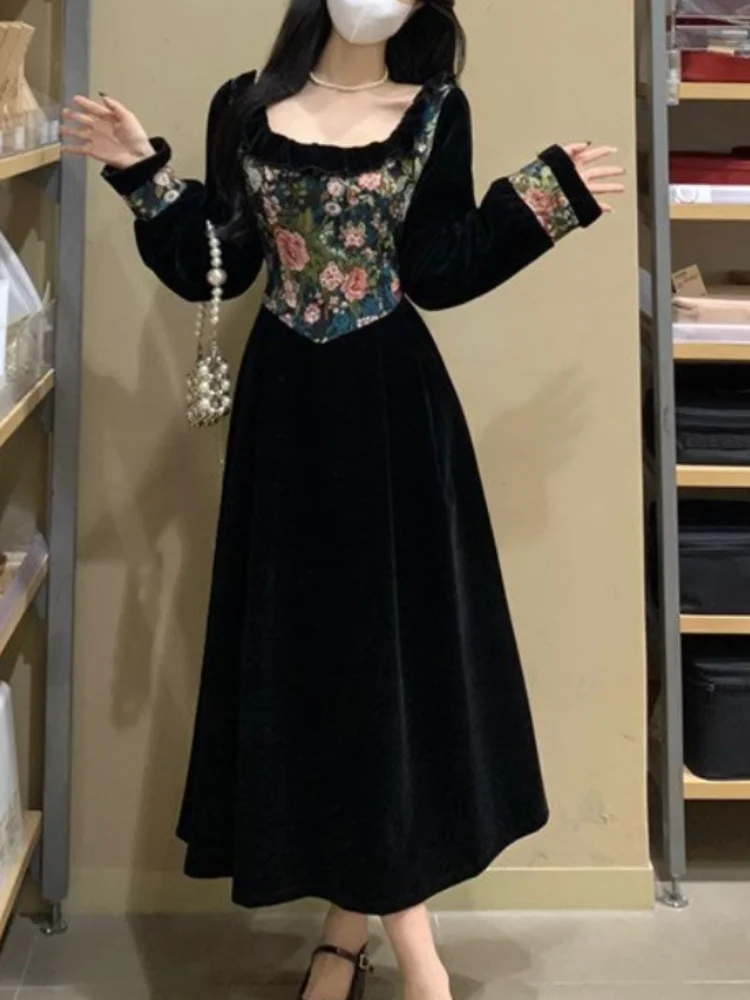 

Зеленое винтажное бархатное платье с цветочным принтом, женское элегантное вечернее платье Y2k, женская одежда в Корейском стиле, осень 2024