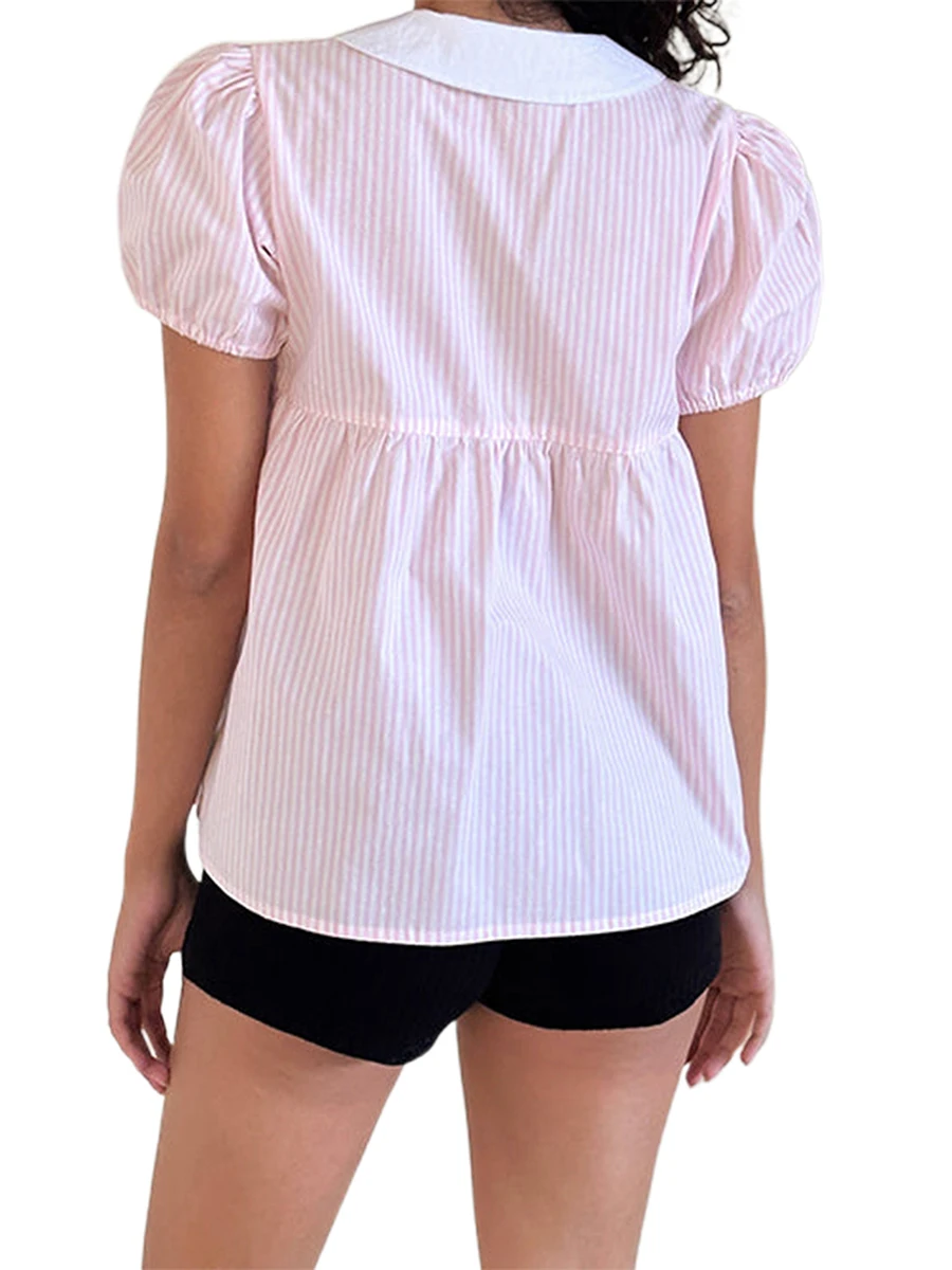 Women s Blouse Stylish Short Sleeve Peter Pan Collar Button-up Shirt with Chic Stripes for Trendy Summer Outfits