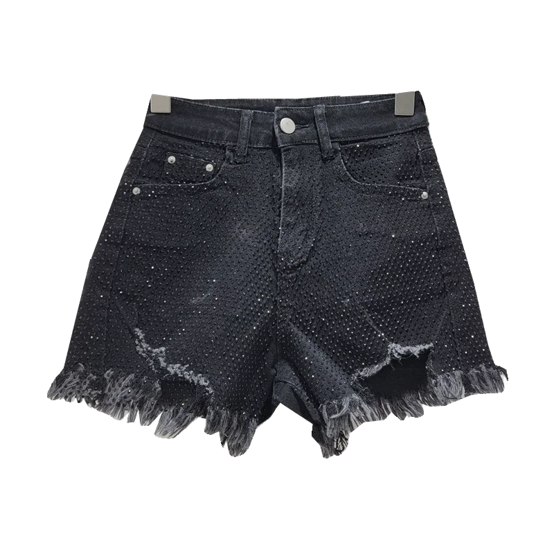 Fashion Rhinestone Denim Shorts For Women 2024 Summer New High Waist Slimming All-Matching Raw Edge A-line Booty Short Pants