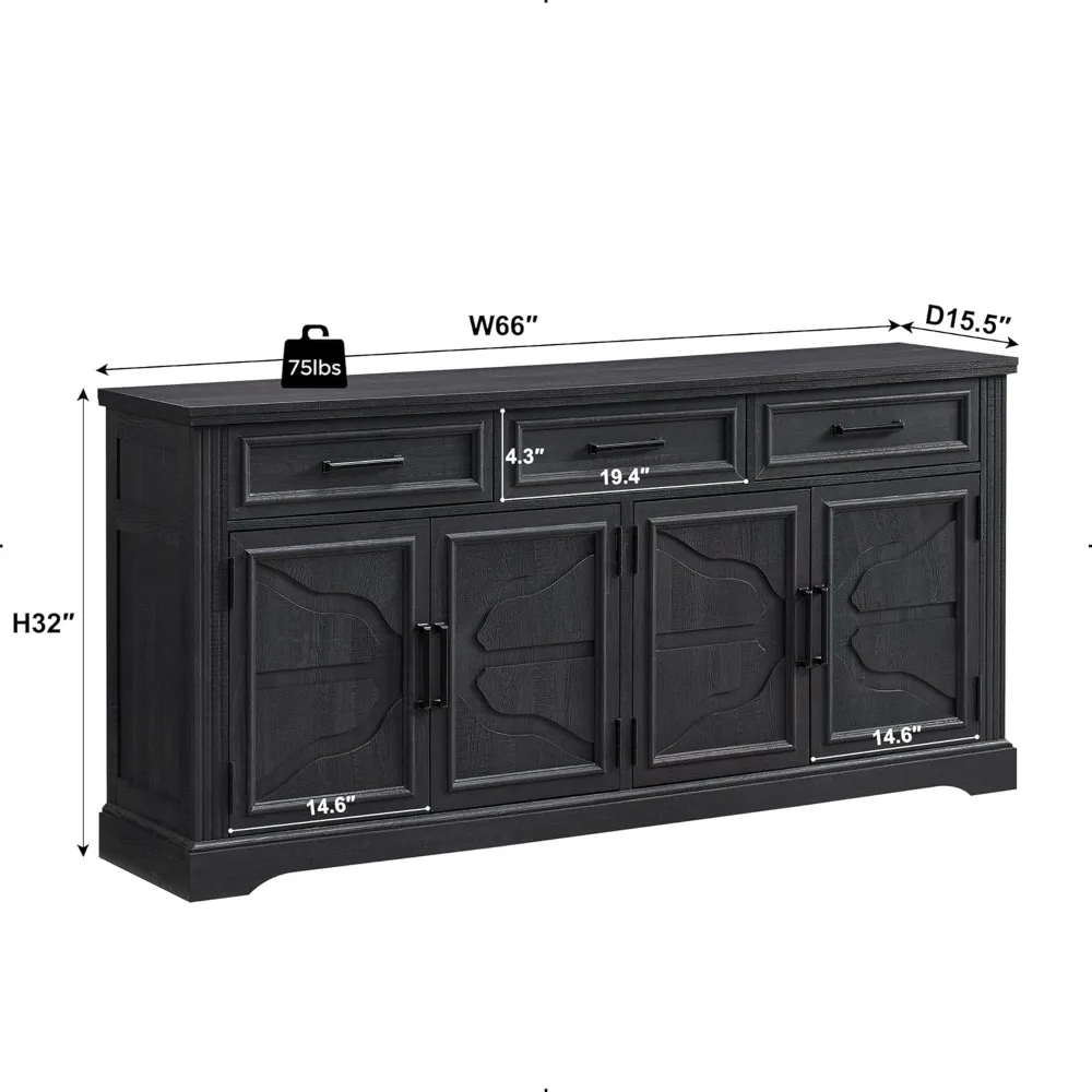 TV Stand for TVs Up to 75", 66" Wide Entertainment Center with 4 Door & 3 Drawers, Media Console Table for Living Room, Black 2