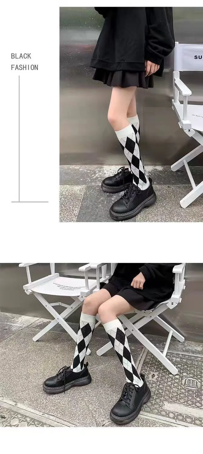 Damensocken Frühling Vintage Lange Socken Schule Collage Stil Diamant Plaid Diamant Kariert Hohe Röhrenstrümpfe Streetwear – Detail 9