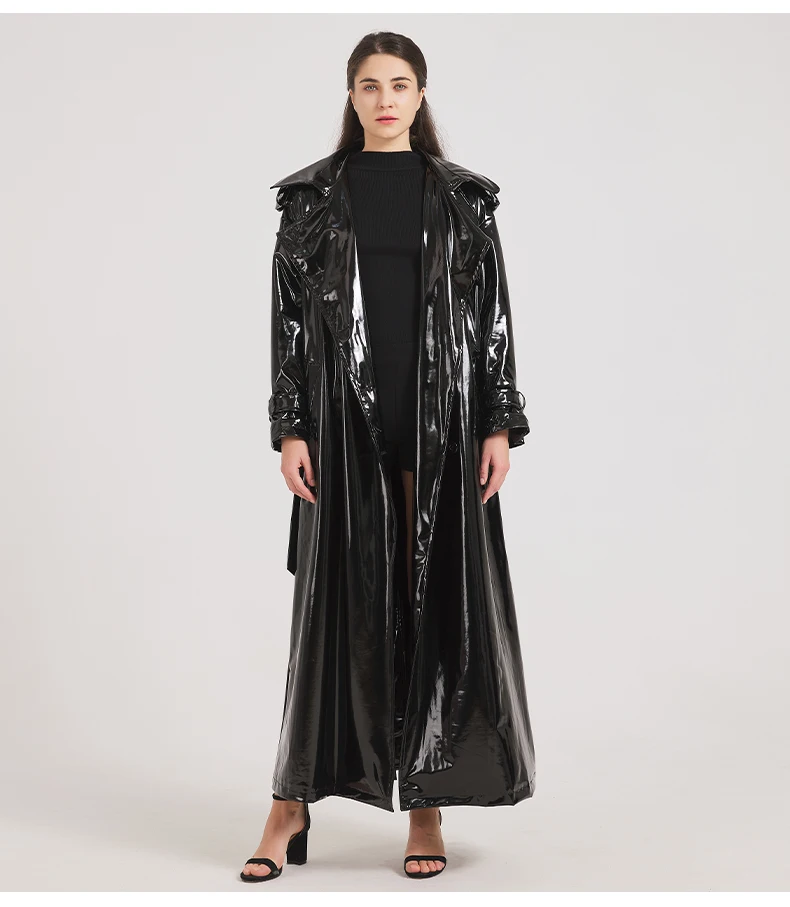 Lautaro Spring Autumn Extra Long Black Shiny Reflective Soft Stretchy Patent Leather Trench Coat for Women Maxi Overcoat 2024