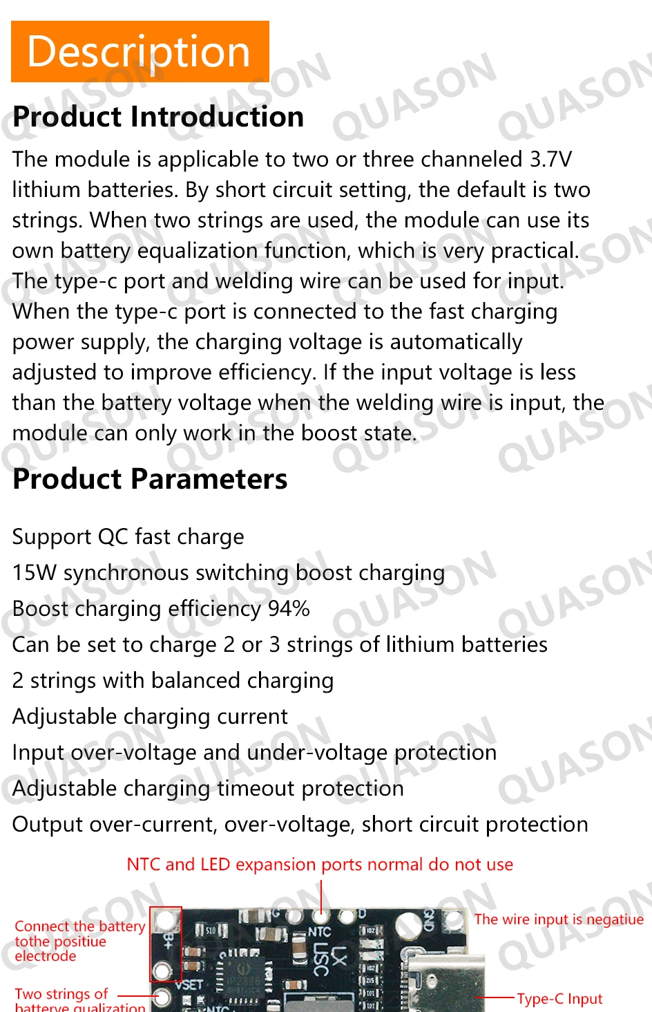 Type-C USB 2/3S BMS 15W 8.4V 12.6V 1.5A Lithium Battery Charging Boost Module With Balanced Support Fast Charge With Indicator