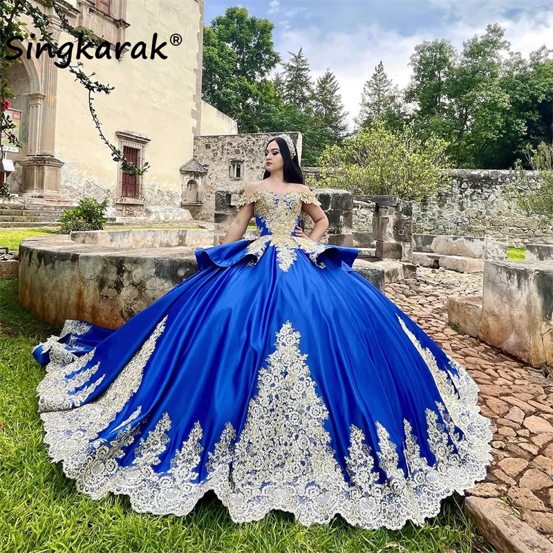 Charming Mexi Ball Gown Quinceanera Dresses Luxury Golden Appliques Off Shoulder Sweet 16 Dress Lace-Up Vestidos De 15 Años