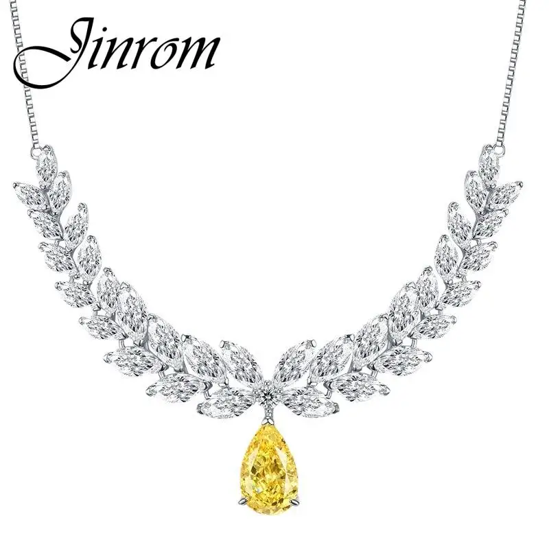

Jinrom 925 Sterling Silver 10*16mm High Carbon Diamond Goose Yellow Zircon Luxury Water Drop Pendant Bridal Wedding Necklace