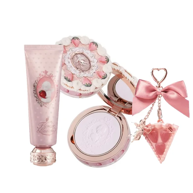 Flower Knows Sets Strawberry Cupid Full Coverage Foundation Powder Compact Powder Solid Perfume Hand Cream Gifts Set for Women