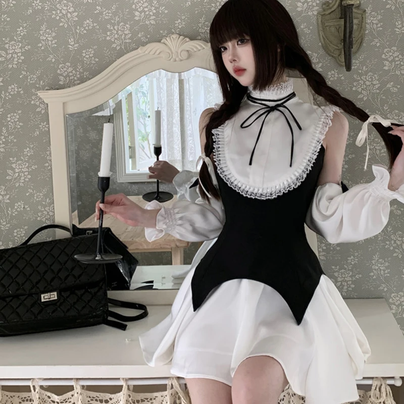 

Y2k Girl Lace Patch Lolita Style Dresses With Outsleeve Lady Stand Collar Mini Dresses 2023 Summer Ruffles Bows Sweet Vestidos