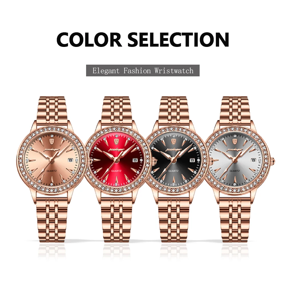 POEDAGAR Women's Watches Elegant Fashion Original Quartz Watch for Girl Diamond Bezel Waterproof Stainless Steel Luminous Date 6