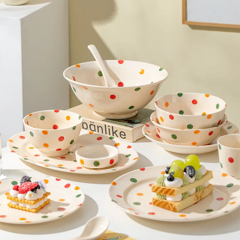 Vintage Polka Dot Bowls Plates Tableware High Aesthetic Value Ceramic Soup Bowls Plates Chopsticks Set