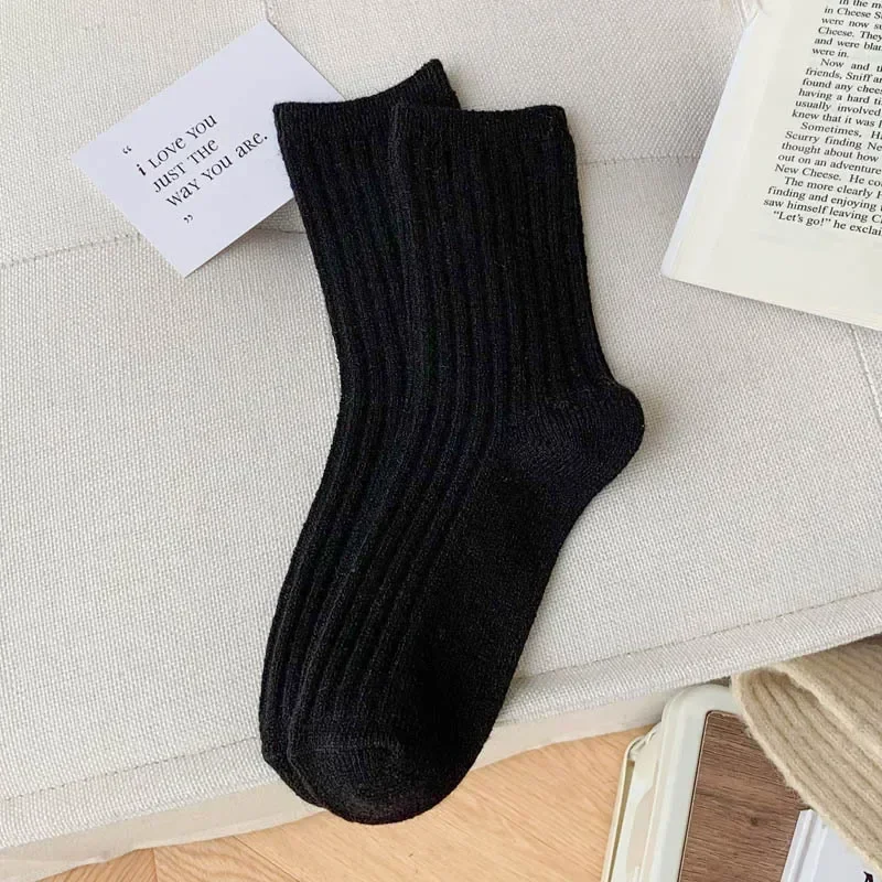 여성용 캐시미어 울 양말, 캐주얼 일본 패션, 단색, 두꺼운 긴 양말, 소녀 보온, 따뜻한 승무원 양말, 2024 겨울 신상