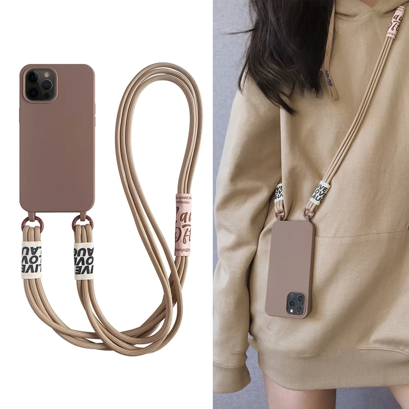 

Crossbody Lanyard Solid Soft Phone Case For iPhone 13 MiNi 12 11 Pro Max 14 Pro XS XR X 7 Plus SE3 Korea Strap Silicone Cover