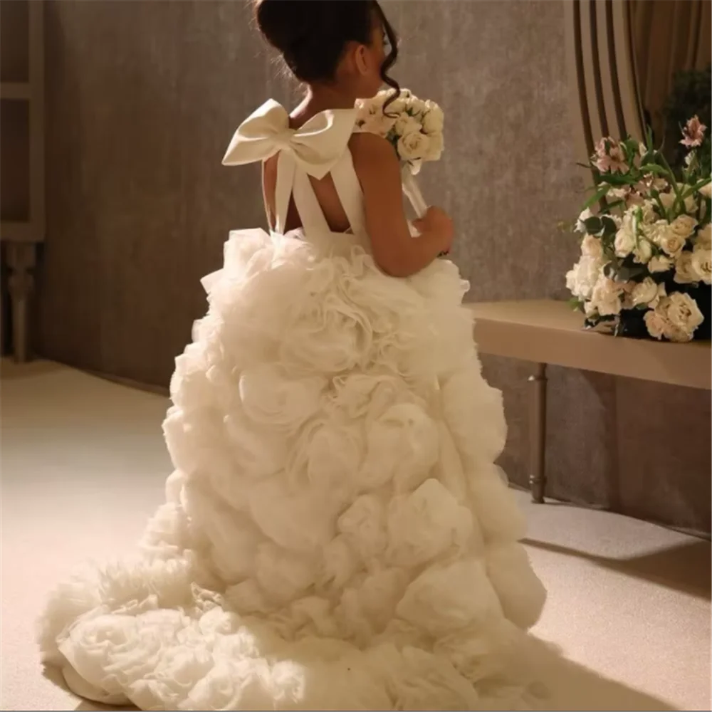 Luxury White Ivory Flower Flower Girl Dresses Pearls Dubai Kids Princess Birthday Wedding Party Children Holiday Gown flower girl dresses