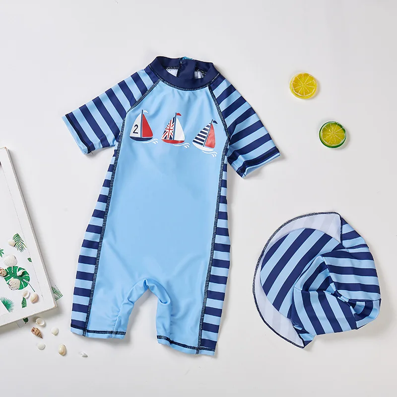 Kids Swimsuits Baby Boy Swimwear One Piece with Hat Children's Swimsuit with UV Protection Shark Print Swimming Bathing Suit for Kids Boys