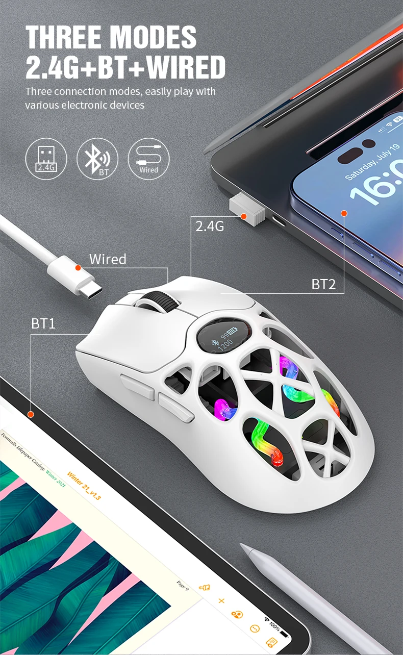 XUNFOX Wireless 2.4g Mouse Lightweight Competitive Game Mouse Charging Bluetooth Three-mode 1K Return Rate 12000DPI Computer