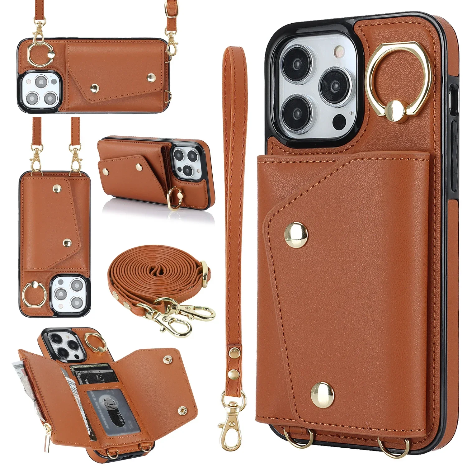thumbnail image 1 of Funda de teléfono de cuero con tarjetero y correa para la muñeca con cordón cruzado para iPhone 16 15 14 11 Pro Max XS XR 7 8 Plus 13 12 Mini, 1 of 5