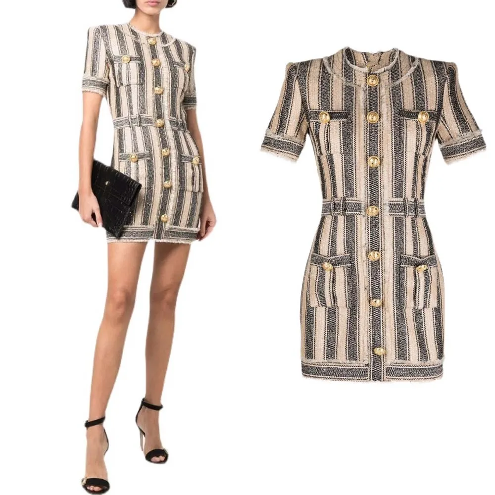 

2022 European And American New Tassel Edge Metal Button Short Sleeve Round Neck Stripe Sequin Woolen Slim Women's Dress