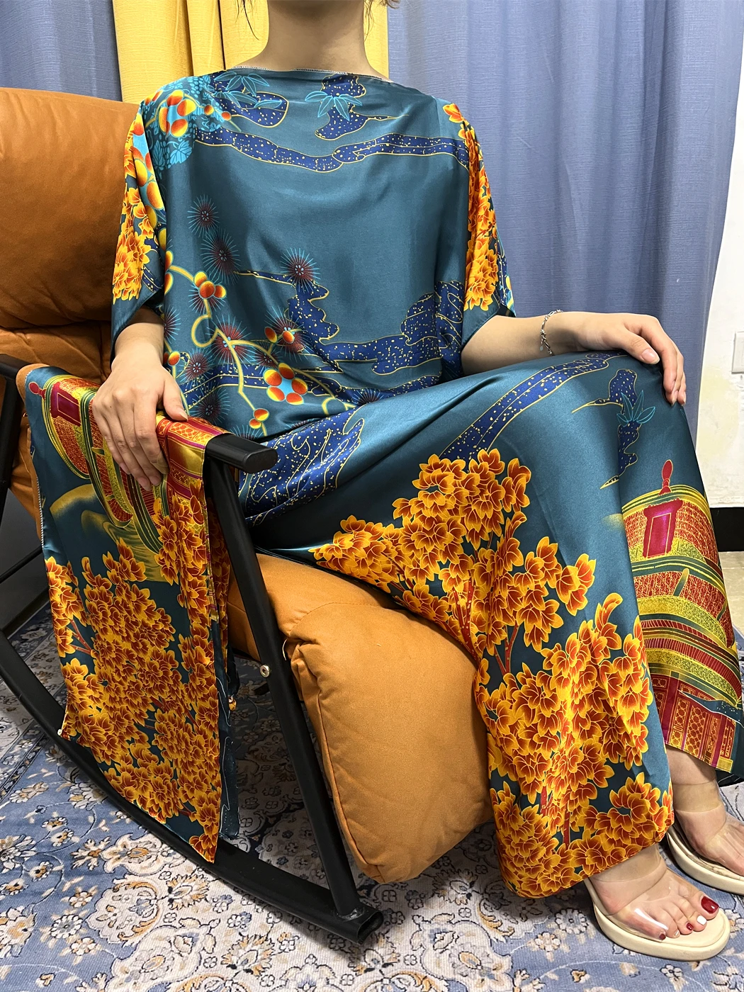 Abayas For Women 2023 Muslim Summer Loose Print Silk Femme Robe African Nigeria Kanga Clothing Moroccan Caftan With Belt Turban