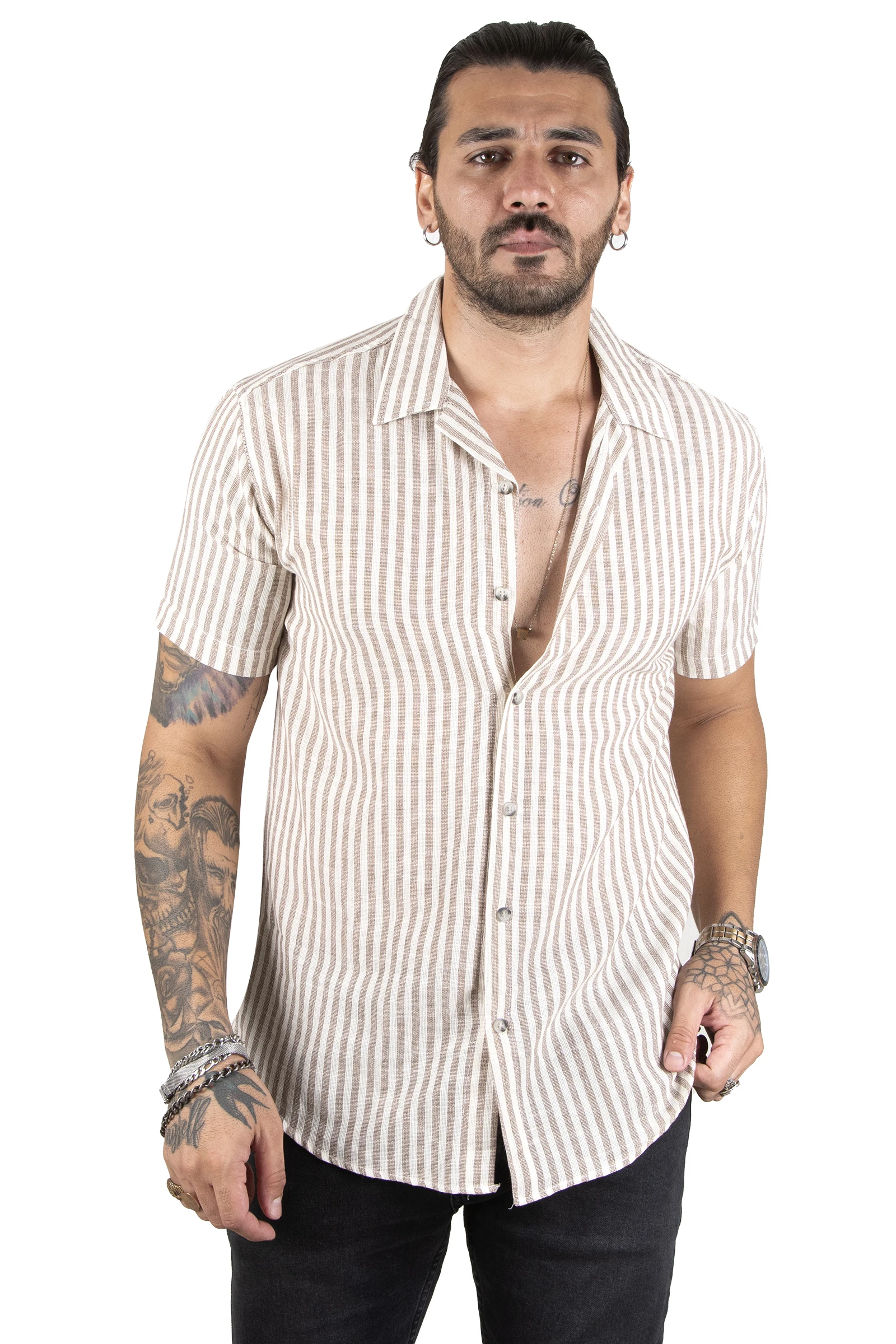 DeepSEA Slim Cartoon Pattern Short Sleeve Raw Linen Men Shirt 2201920