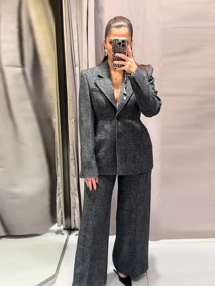 2-teilige Anzüge für Damen, V-Ausschnitt, Taille, Cinching, Wollanzug, Jacke, Hosen, Sets, Herbst 2022, weibliche schlanke Bomberjacken, weites Bein – Detail 8