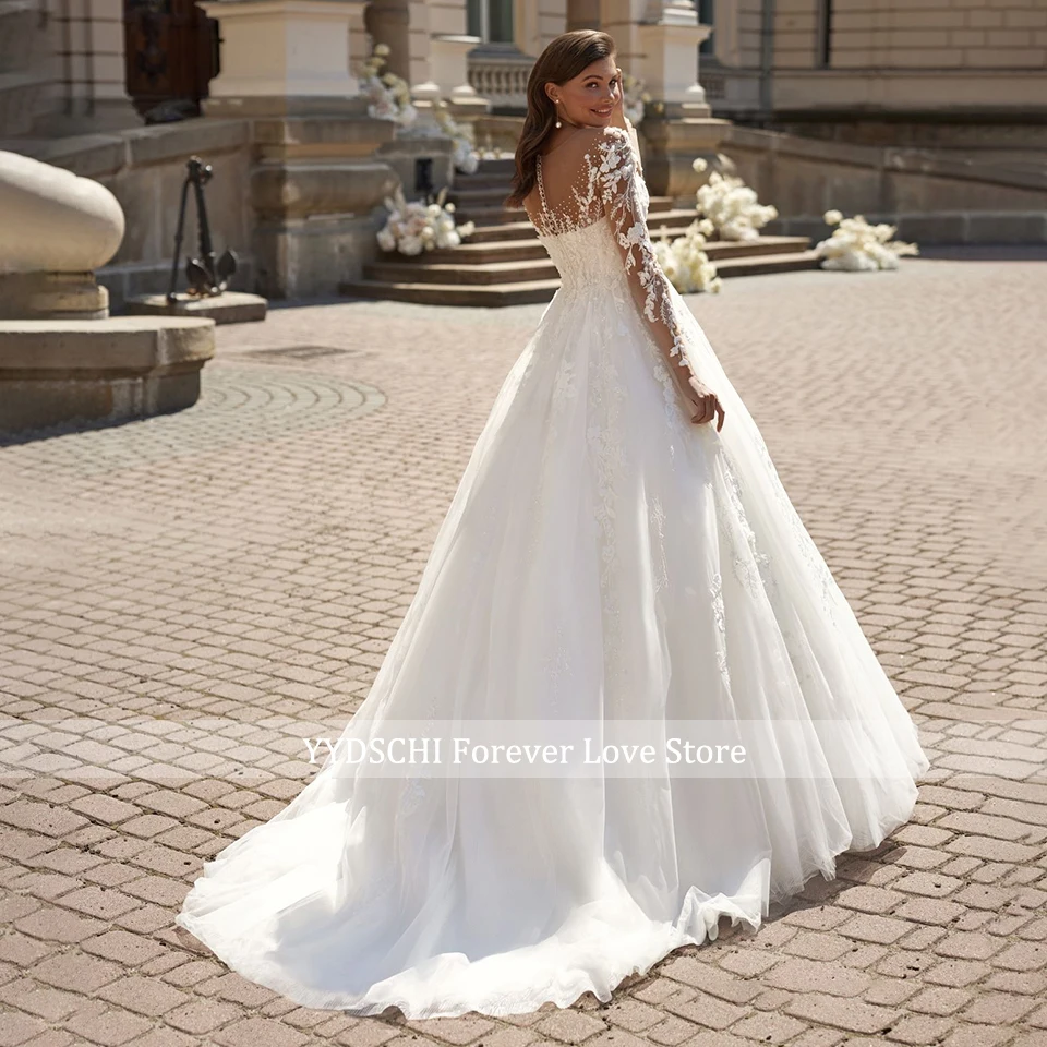 Elegante weiße/elfenbeinfarbene A-Linien-Brautkleider mit langen Ärmeln 2026, Spitzenapplikationen, O-Ausschnitt, Hofschleppe, Damen-Brautkleid, Vestido De Novia – Detail 4