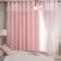 Hollow Out Star Princess Style Pink Double Layer Curtain Blackout Curtain for Living Room Bedroom 1