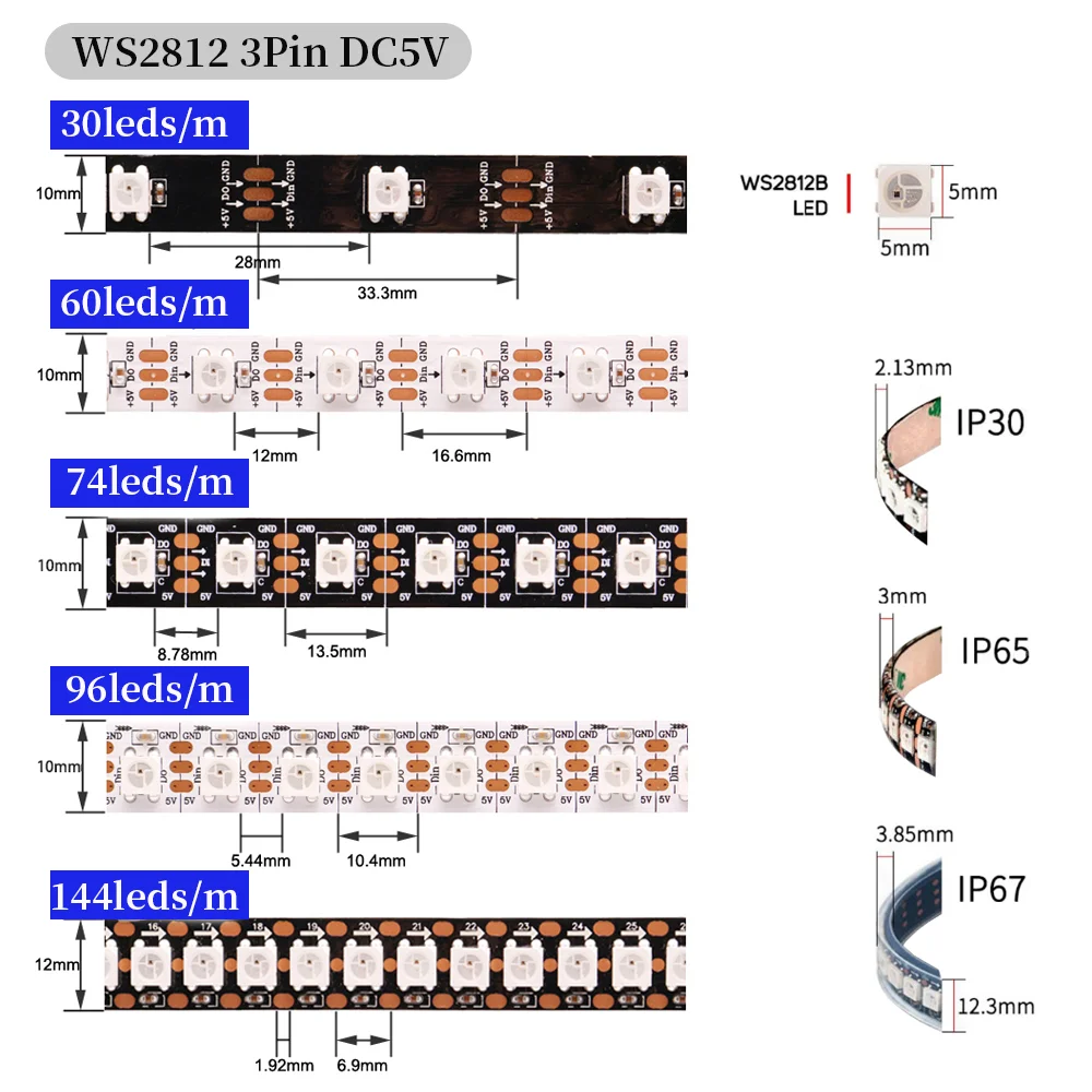 WS2812 WS2815 WS2811 WS2813 Adreslenebilir LED şerit 30/60/74//96/144leds/m Akıllı aydınlatma lambası RGB Renk değiştiren Programlanabilir led