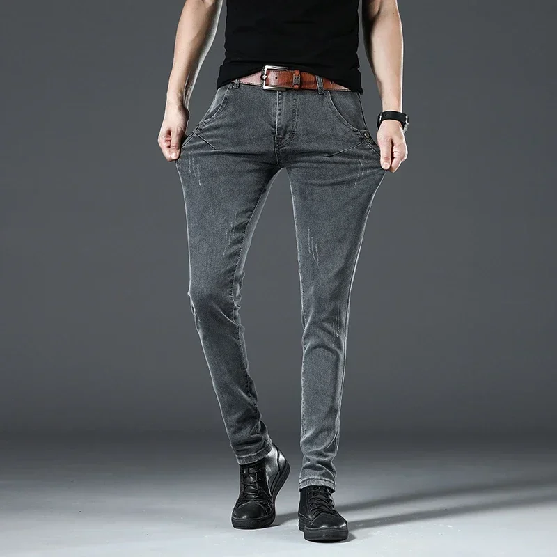 Brand Clothing Men Jeans Grey Elasticity Slim Skinny Business Casual Classic Edition Type Comfortable Male Denim Pants