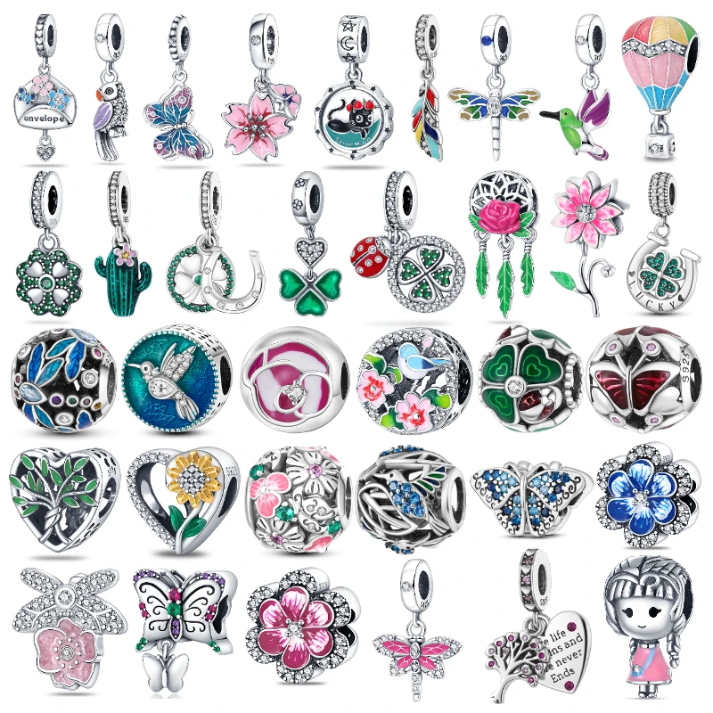 925 Sterling Silver Green Butterfly Flower Dragonfly Fit Pandora Original Pulsera Enamel Charms Pendants DIY Jewely Making Gifts copper gold color metal charms multicolor round heart enamel sweet pendants diy making necklace jewelry gifts 21mm x 16mm 1piece