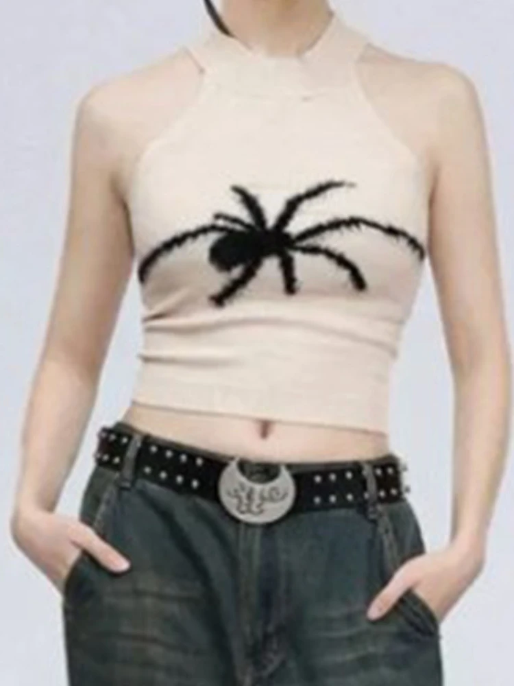 2024 Gothic female belly top spider printing black corset top sexy beauty retro fairy Y2K