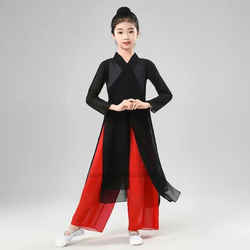 2026 중국 어린이 민속 무용 의상 빈티지 메쉬 탑+바지 세트 쉬폰 무대 무용복 레트로 공연 공주 한복