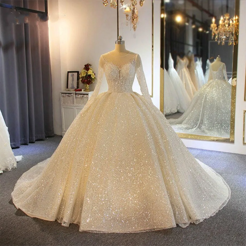 

Sparkling Prom Wedding Dresses Sheer Jewelry Neck Appliques Sequins Long Sleeves Sheer Lace Backless Bridal