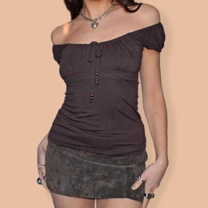 

Vintage Lace y2k Top Women Aesthetic Clothes Solid Color Tie Up Off Shoulder Short Sleeve Tshirt 2000s Grunge Fairycore Clothing