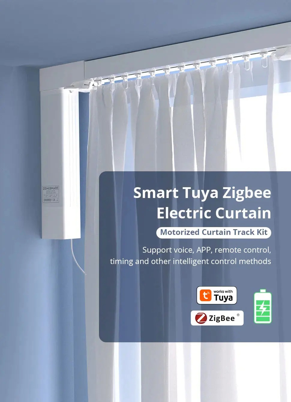 Zigbee Electric Sliding Curtain Motor Built-in Battery with Customized Track Wor