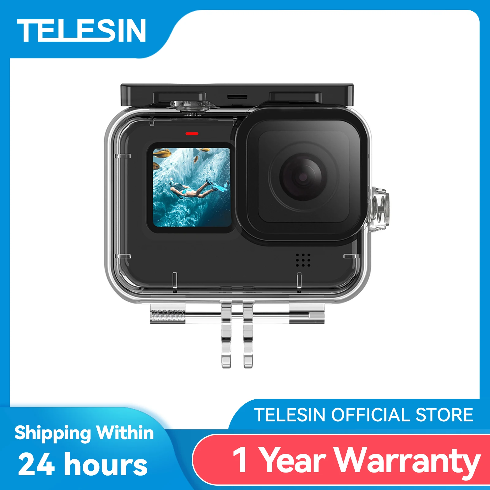 Telesin-underwater Vidro Temperado Lente Mergulho Habitação Capa Case Impermeável Preto Gopro Herói 10 11 12 60m