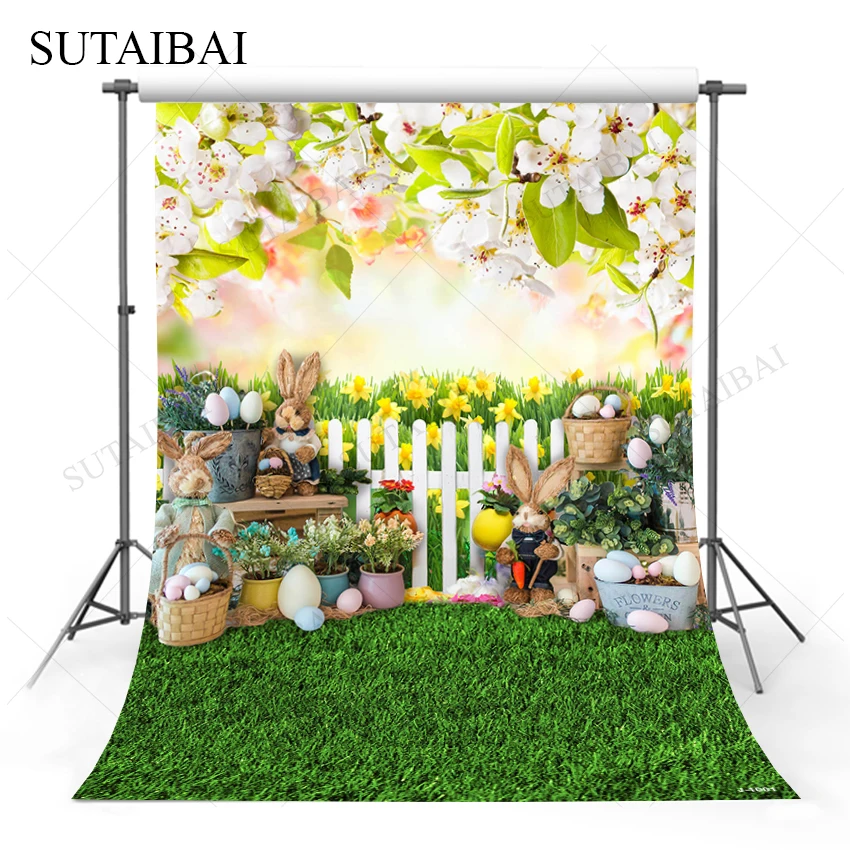 

Фон для фотосъемки весенний Пасхальный кролик груша дерево яйца кролик цветы Луг фон для фотосъемки детский день рождения