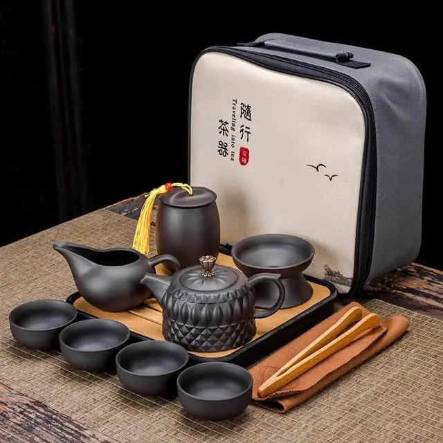 Portable Tea Pot Set Ceramic Purple Clay Teapot One Pot Six Cup Outdoor Travel Tea Pot Porcelain Kettle