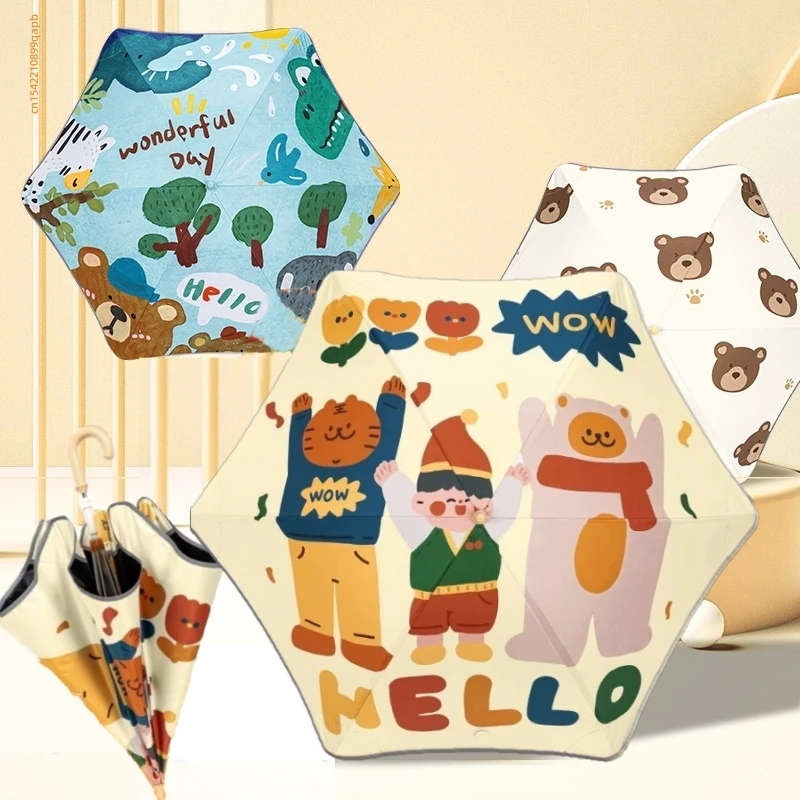 Cartoon UV Umbrella Long Hand Parasol Kids Sun Rain Umbrella Round Corners Protection Umbrellas Reflective strip