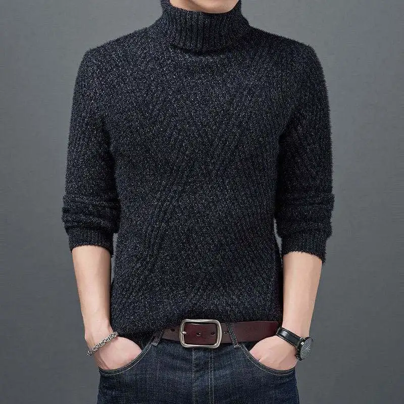 2023 Autumn Winter Solid Color Fashion Turtleneck Sweater Man High Street Long Sleeve Striped Casual All-match Thicken Pullovers