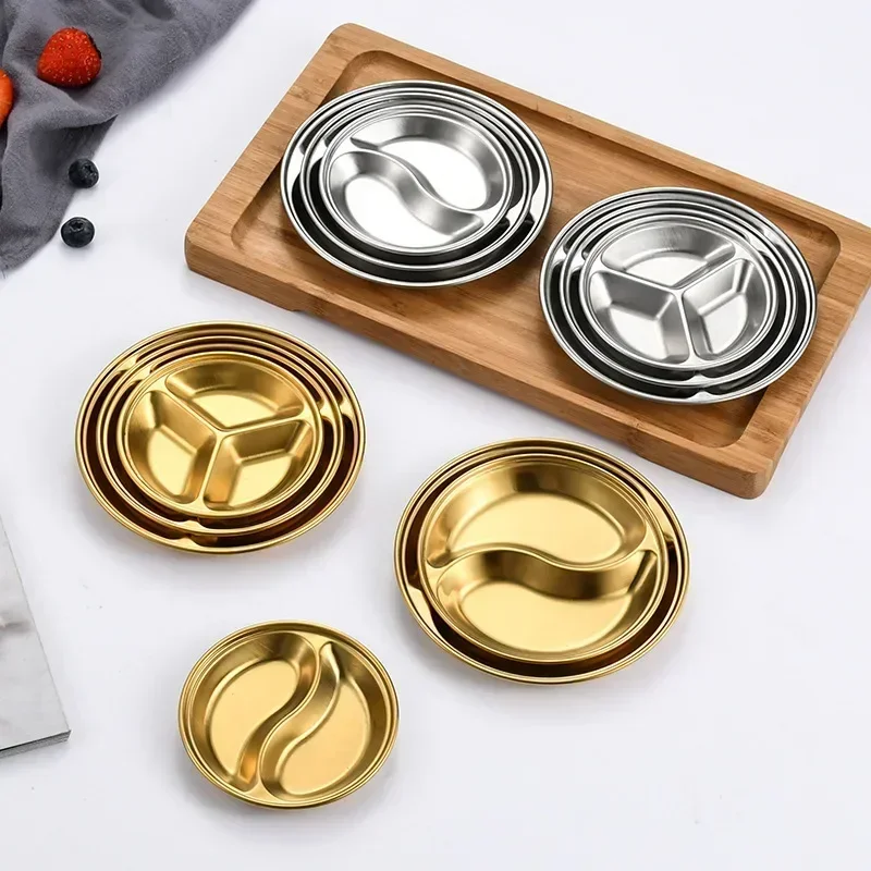 Stainless Steel Dipping Plate Round Small Plate Korean Barbecue Seasoning Gold Grid Hot Pot Flavoring 2PCS