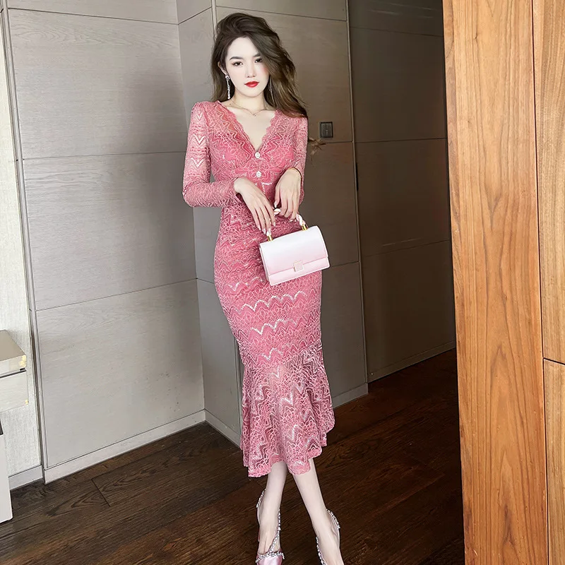 

2023 Spring Luxury High End Women Dress Elegant Sexy Party Lace Mermaid Dresses V-Neck Wrap Hip Slim Bodycon Dress Vestidos