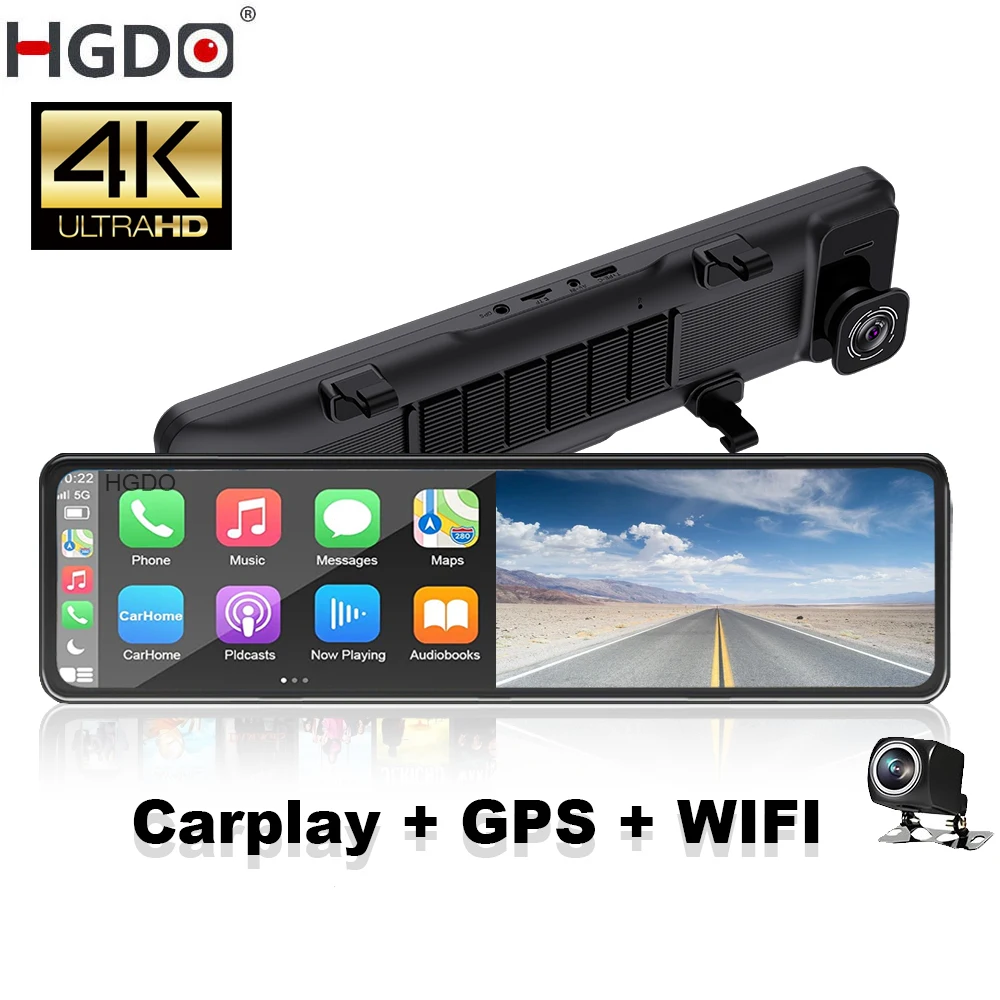 HGDO 4K Dash Cam 3 IN 1 Carplay & Android Auto Rearview Mirror GPS Video Recording WIFI Loop Record Phone APP Car Dvr 24h Park