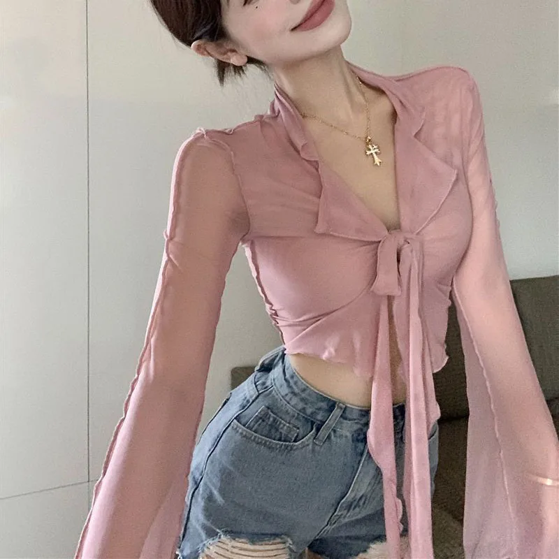 Sexy Hot Girls Blouses for Women Sweet Lace-Up Mesh Pink Flare Sleeve Shirt Female Korean Fashion All-Match Solid Cropped Shirts