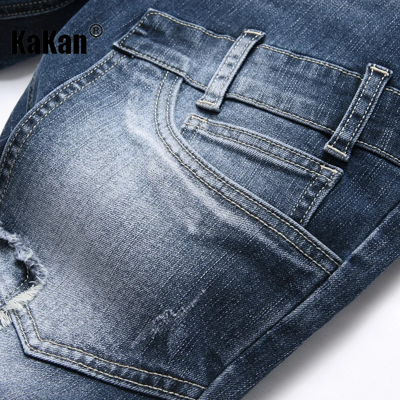 Kakan - New Elastic Slim Fit Small Feet Men's Jeans, Personalized Pocket Patch Blue Tight Long Jeans K19-8834