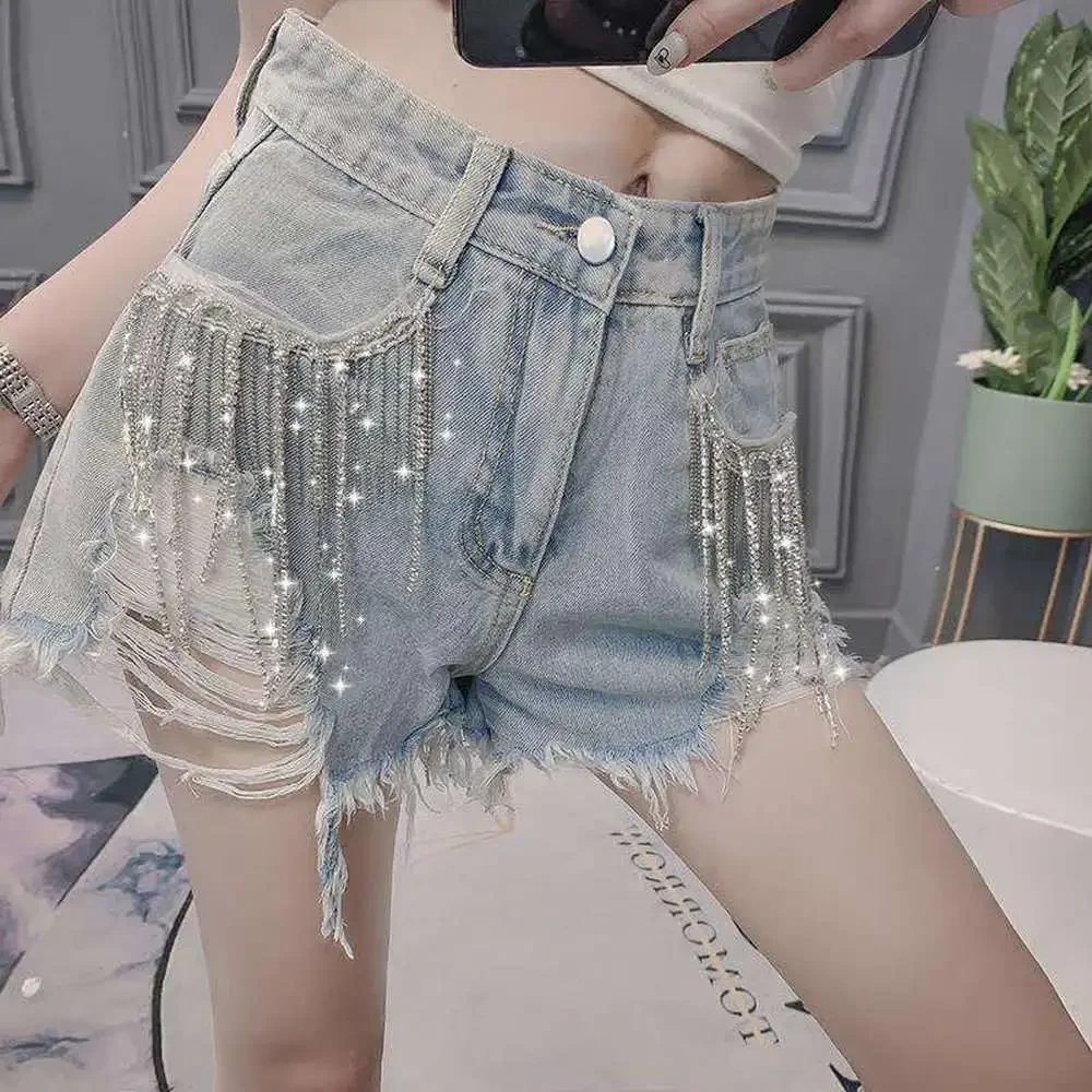 Women High Waist Beaded Shiny Denim Shorts Fashion Street Punk Cowboy Shorts Harajuku Rhinestone Tassel Jeans Female Shorts Y2k