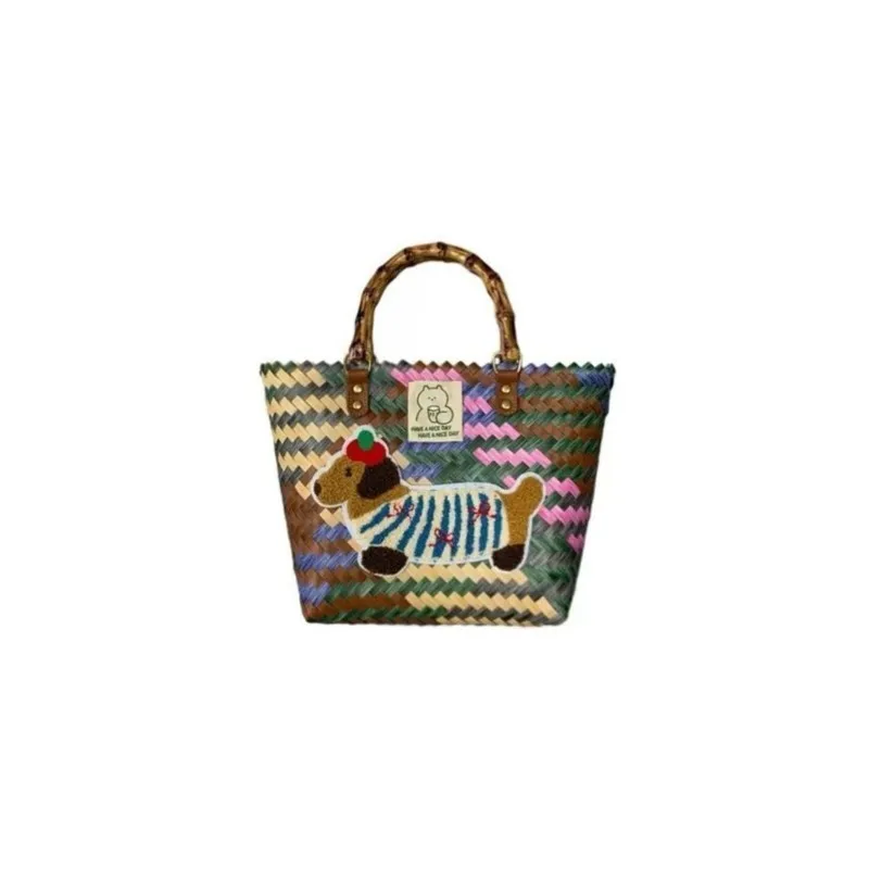 JIAERDI Retro Cute Dachshund Tote Bag Women Cartoon Embroidered Dog Fun Handbag Ladies Casual Large Capacity Woven Market Bag