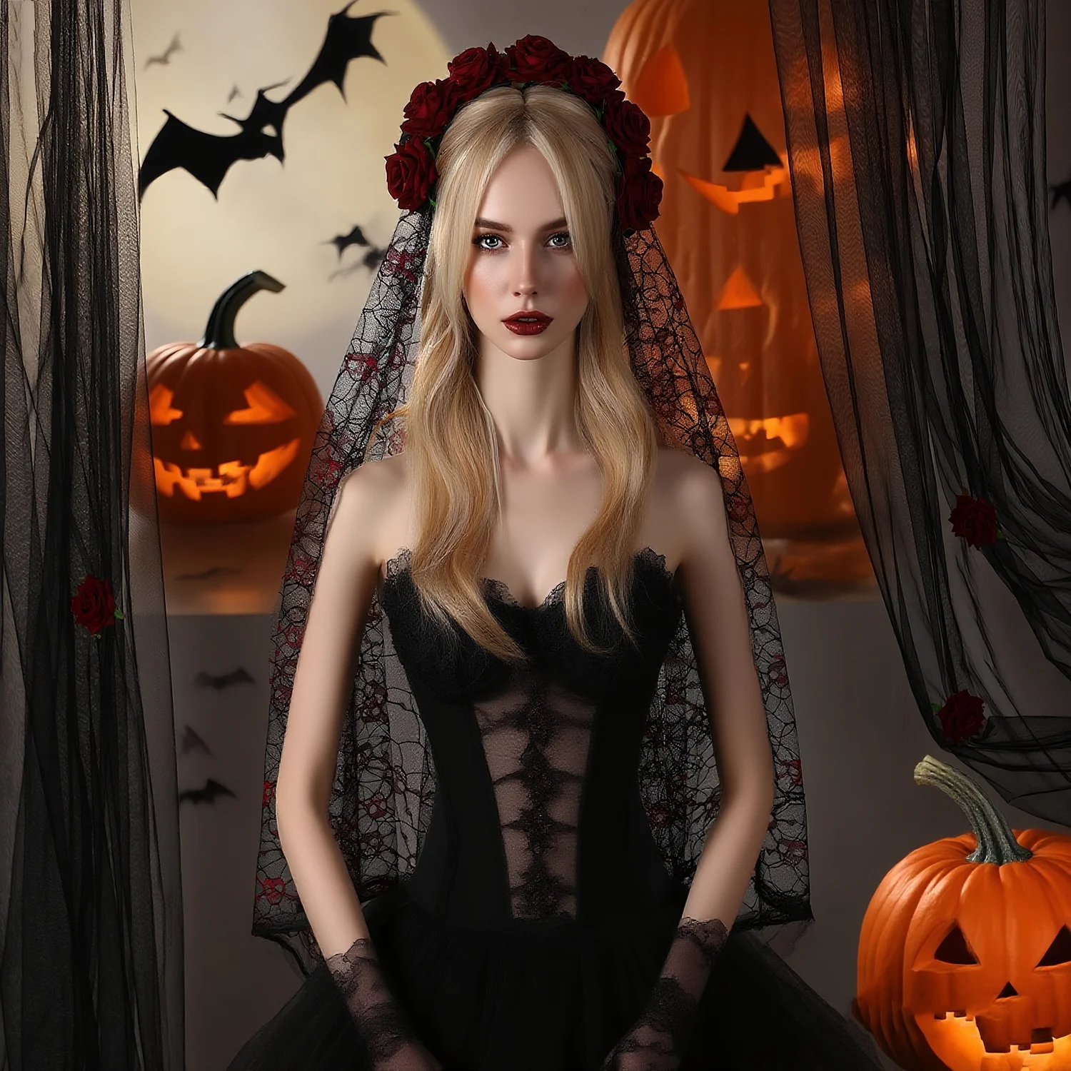 Barock Vintage Schwarz Rot Rose Blumen Haarband mit Schleier Totenkopf Spinnennetz Muster Brautschleier Halloween Party Haarschmuck – Detail 1