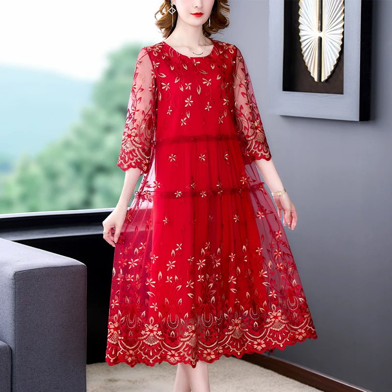 

Женское длинное платье с вышивкой, летнее платье с коротким рукавом и цветочной вышивкой, модное Сетчатое платье с соединением, 2023